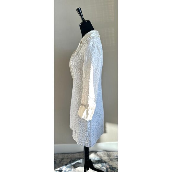 VINTAGE MISTER ROBERT 60's Mod Cream Satin Jacquard Mini Elopement Dress Size S - Picture 4 of 7